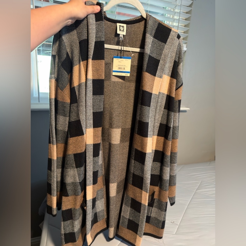 Anne Klein Plaid Open Front Blazer - Black, Gray, Tan